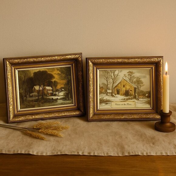 Currier Ives Rustic Winter Farm Wall Art Set of 2 VTG Framed Prints Americana - Picture 1 of 12